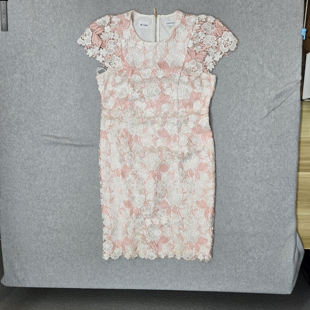 Calvin Klein Women Dress 10 Pink Embroidered Floral Sheath Lace Bodycon READ